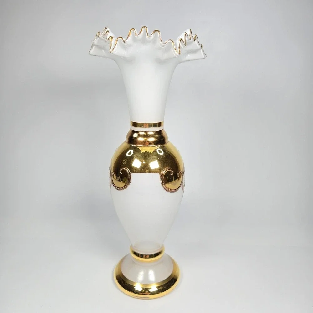 Vintage Bohemian Czech Gold Gilt Raised Enamel Hand-painted Vase Urn Ruffled 10
